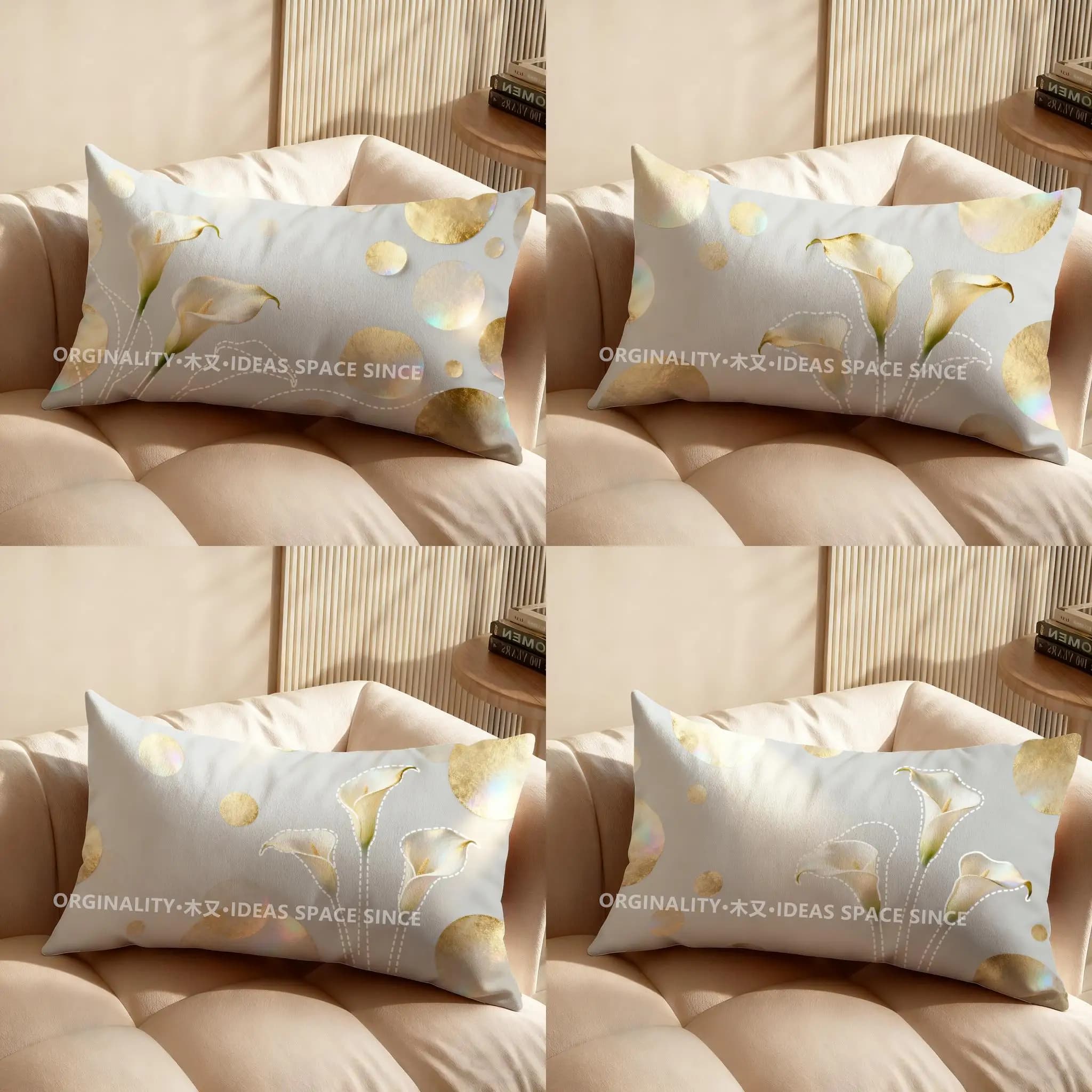 Cuscino 2D con motivo a pois e calla dorata, adatto per divano, camera da letto, auto, cuscino rettangolare per la schiena