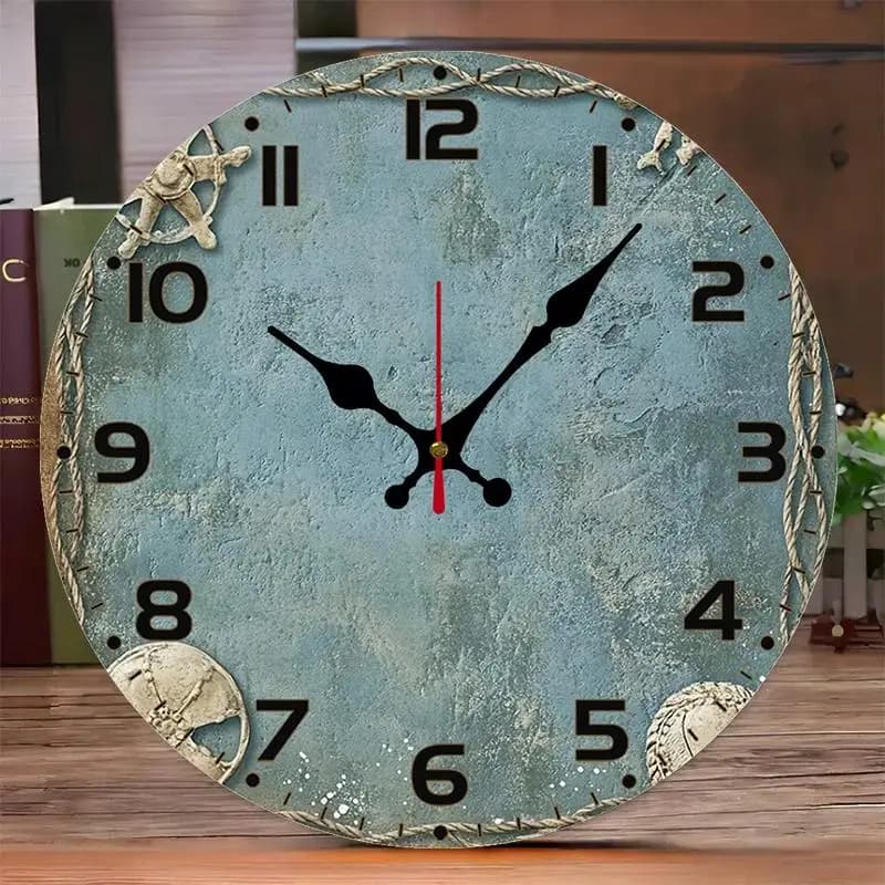 DIY 2D Flat Nautical Elements Wooden Round Silent Hanging Wall Clock, Suitable For Living Room, Office, Study Room, Bedroom, Home Decoration