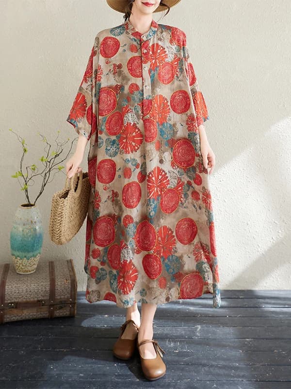 Spring Summer New Retro Cotton Linen Print Stand Collar Loose Oversize Holiday Dress Casual Style a Line Skirt Long Sleeve