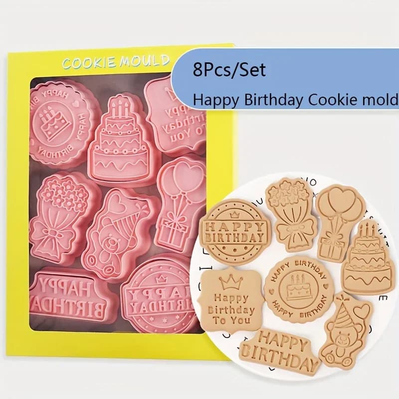 Set di 8 Stampi per Biscotti 'Buon Compleanno' 3D, Stampi in Plastica per Biscotti, Strumenti per Decorazione Torte e Dolci