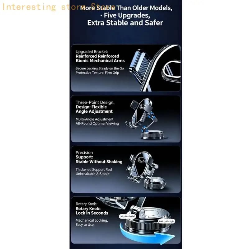 Foldable Car Phone Holder with Suction Base, Soft Side Clamp and Adjustable Viewing Joints for Windshield Navigation, Desktop