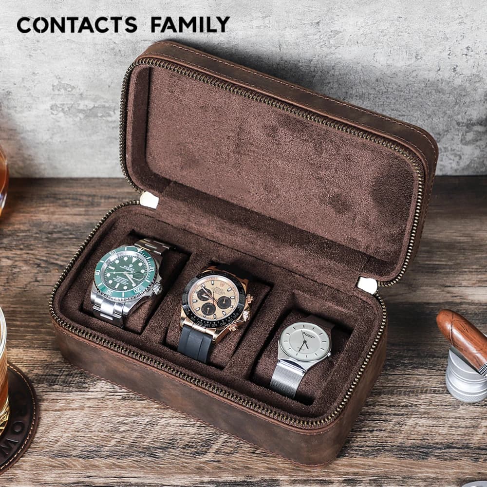 CONTACT'S FAMILY Scatola portaoggetti da viaggio in vera pelle a 3 scomparti per orologi, gioielli, anelli, orecchini, gemelli, per uomo e donna, idea regalo perfetta
