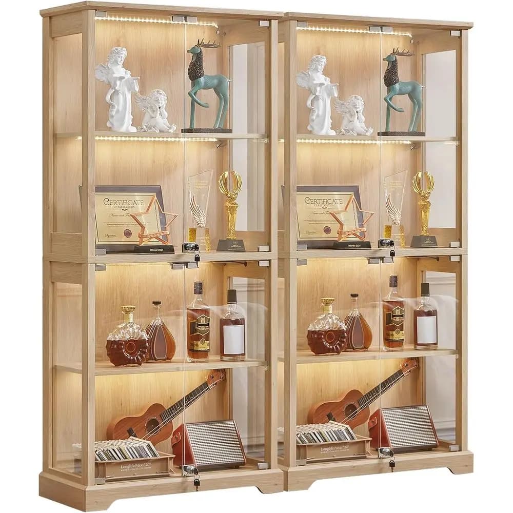 Vetrine con Doppia Porta in Vetro e Illuminazione LED a 3 Colori con Sensore di Movimento, Finitura in Legno Naturale