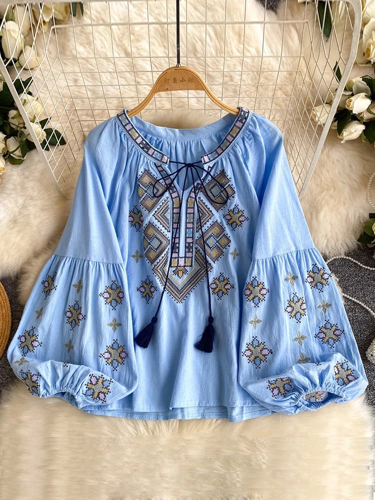 Camicetta Boho da Donna con Ricami e Frange, Manica Lunga Primaverile, Stile Vacanza, Top Femminile BL366