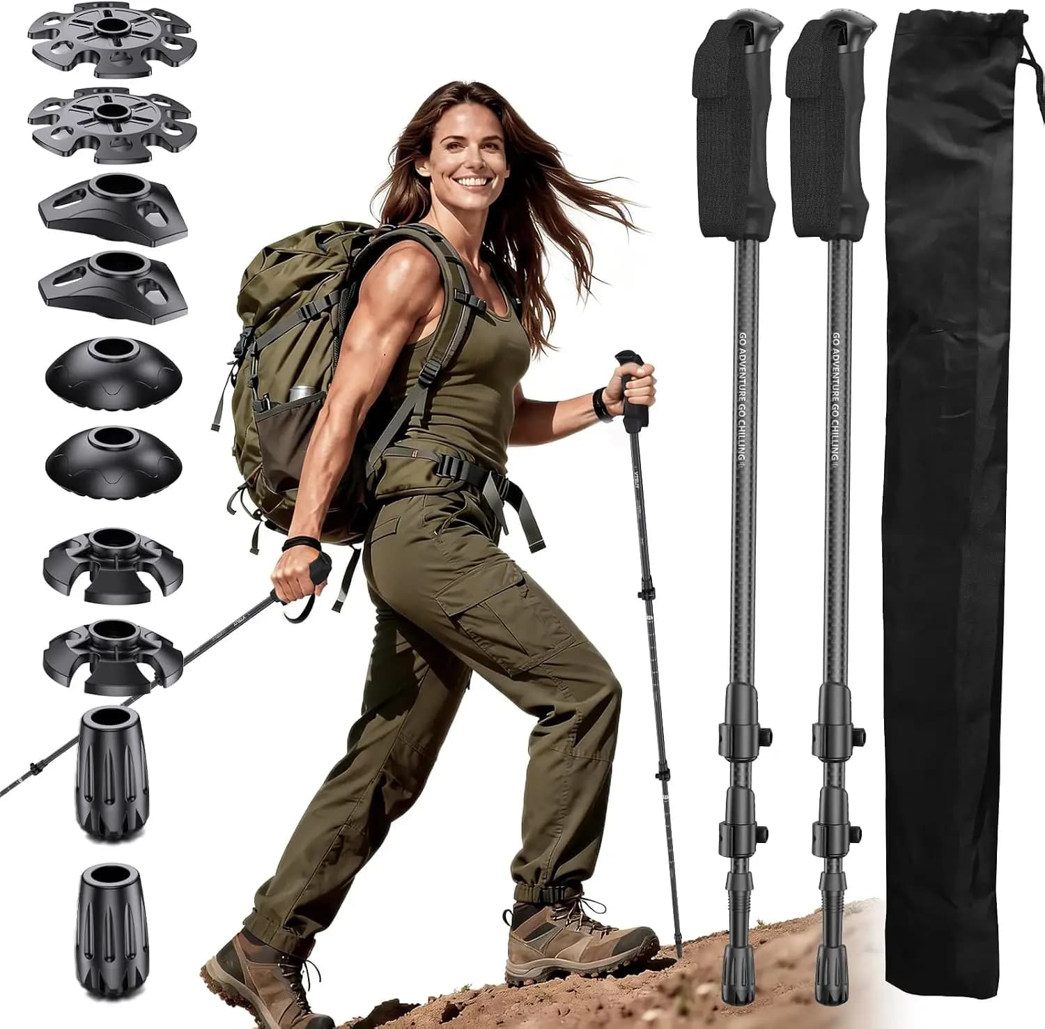 3K Carbon Fiber Trekking Poles Collapsible Lightweight Hiking Poles Walking Sticks With EVA Grip Support Rods For Outdoor Camping Backpacking Mountain Travel Men Women, Black 1 Pair