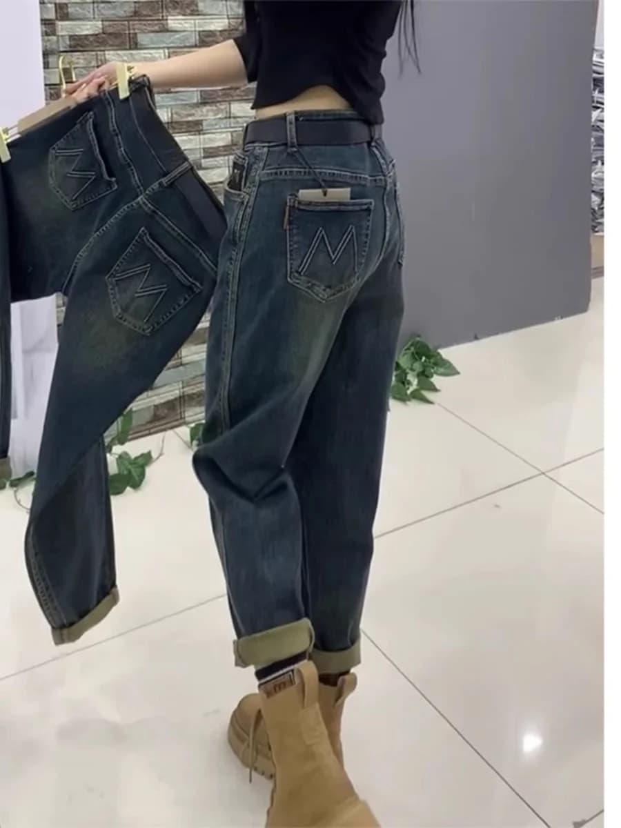 High Waist Straight Leg Denim Jeans plus Size Color Block Women's Spring Autumn New Style Slimming Dad Pants Curvy Women