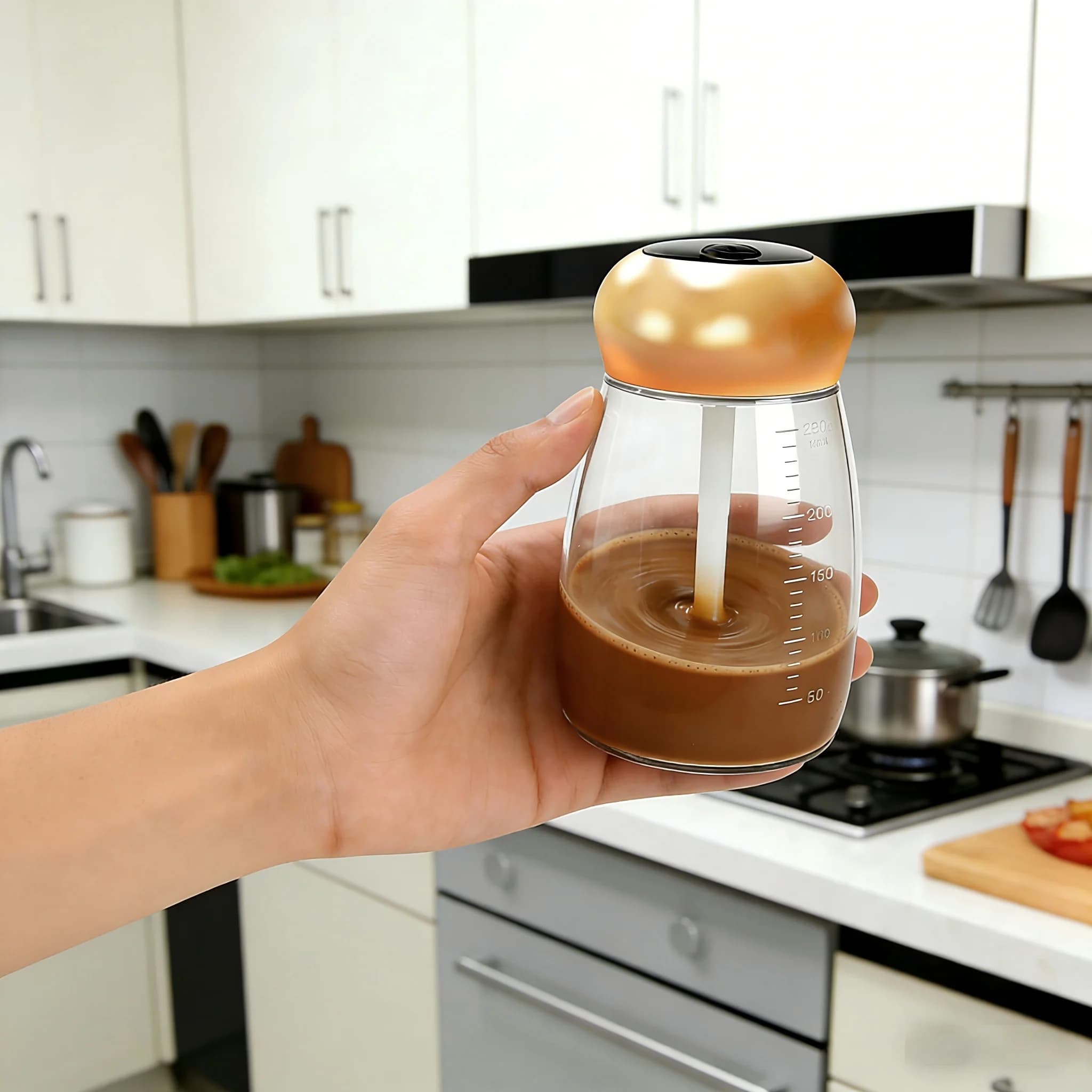 Shaker per proteine in polvere, compatto e pratico, con pulsanti, display digitale, agitazione automatica e funzione di ricarica.