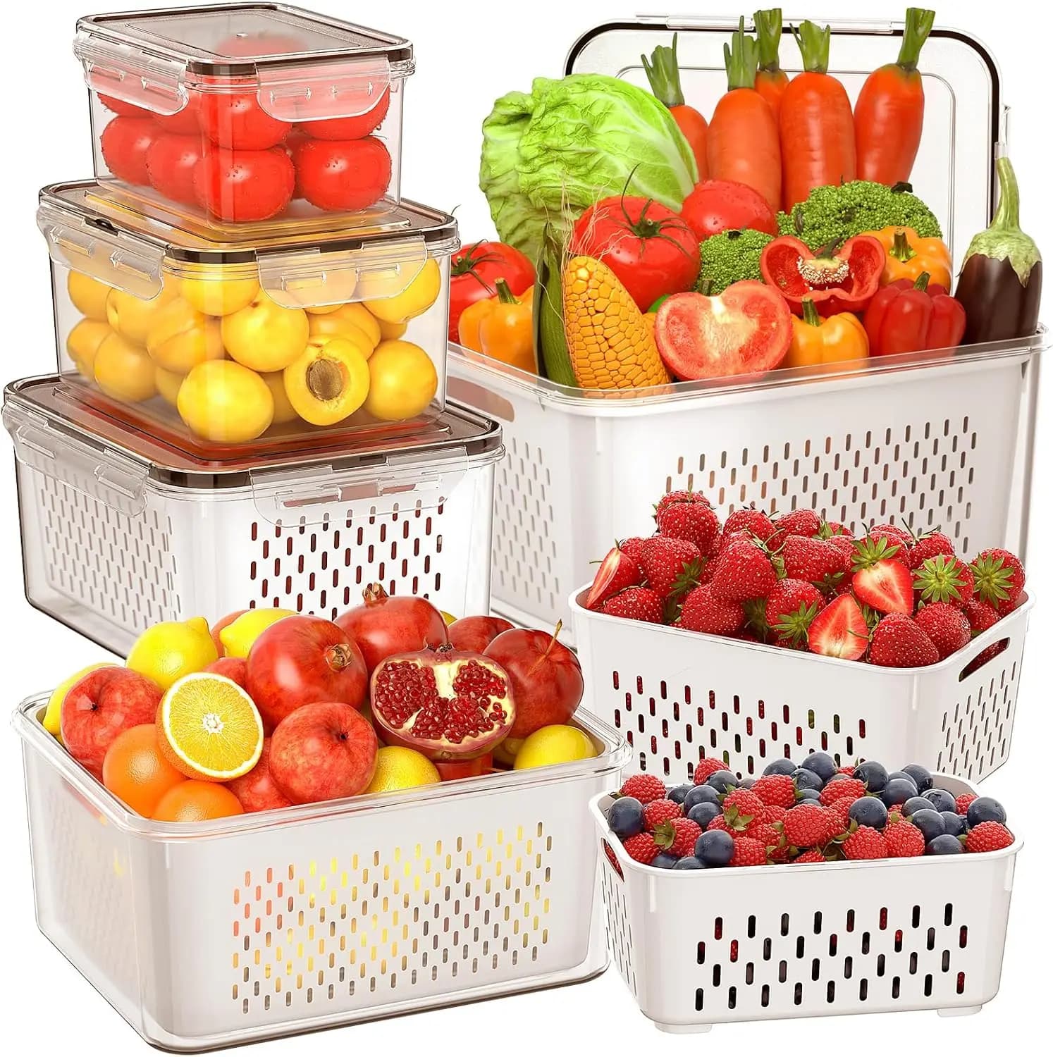 Set of 5 Large Fridge Fruit Containers with Removable Knife, Airtight Containers for Food with 5 Covers, 4 Inches