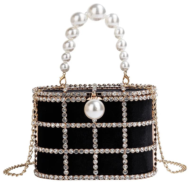 Secchiello in metallo con diamanti di lusso Manico con perla Pochette da donna per feste e borsette Borsa a tracolla con catena da sposa Ming Ai dal design francese