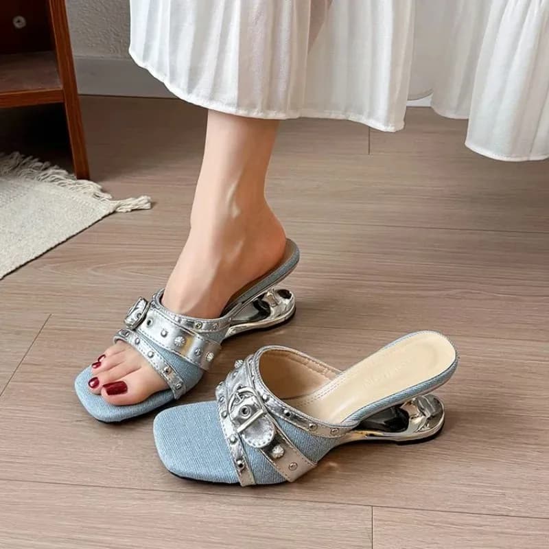 British Style Comfortable Rivet Belt Buckle Women's Summer New Fish Mouth Slip-On Sandals High Heel Slope Follow Fashion