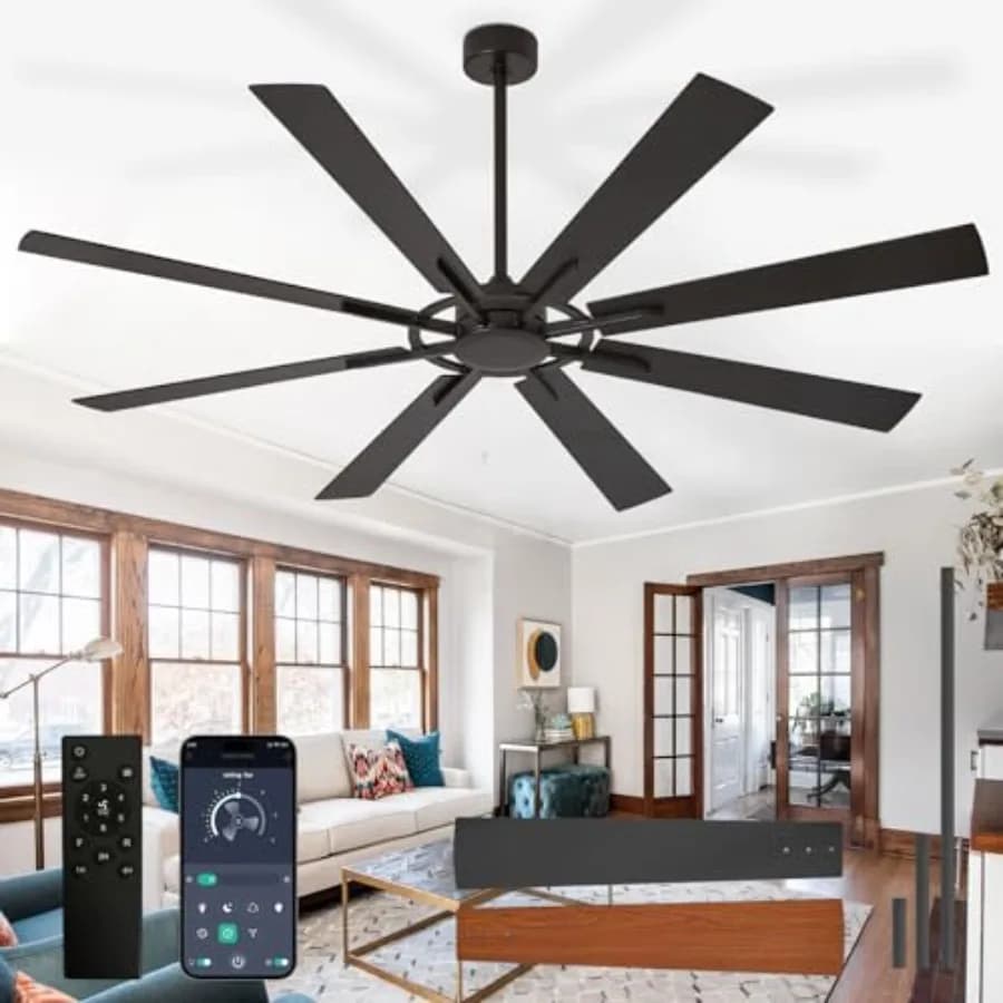 Outdoor ceiling fan: 72-inch 8-blade black DC motor fan with remote and APP control, reversible, 6-speed, quiet, no light, mode