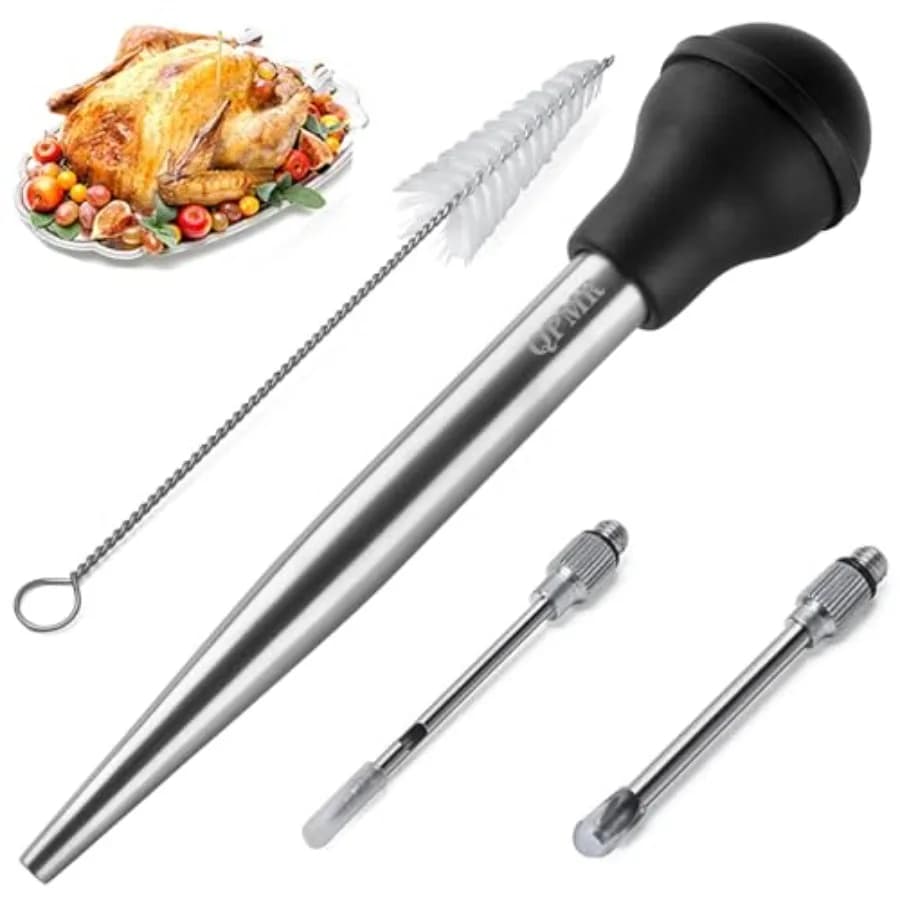 QPMR Siren for Meat with Cleaning Brush, Stainless Steel Tool for Cooking - Syringe for Fatty Turkey, Includes 2 Pieces for Meat