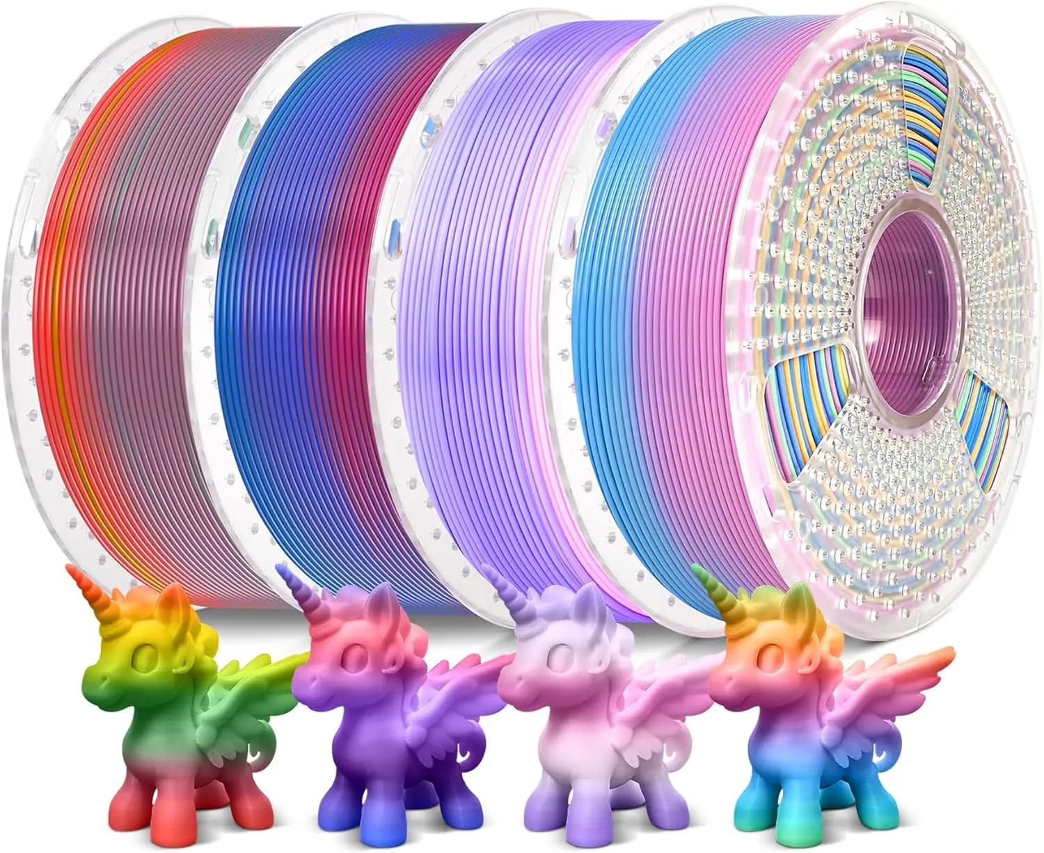 Confezione da 4 filamenti PLA Rainbow, 1,75 mm ±0,02 mm, multicolore sfumato, 4 kg totali, 1 kg per bobina