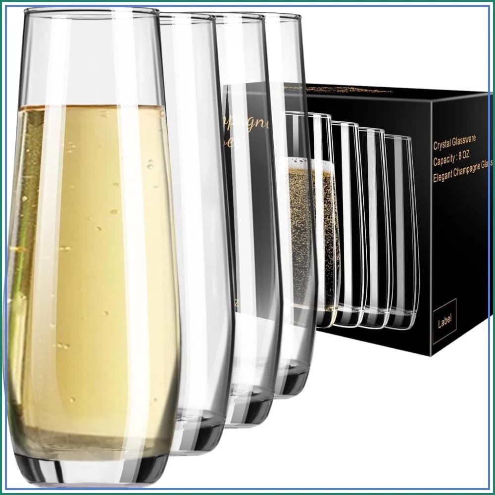 Stemless Champagne Flutes Set of 4, 8oz Hand Blown Glass, Elegant & Durable, Perfect for Wine, Prosecco, Gifts for Any Occasion