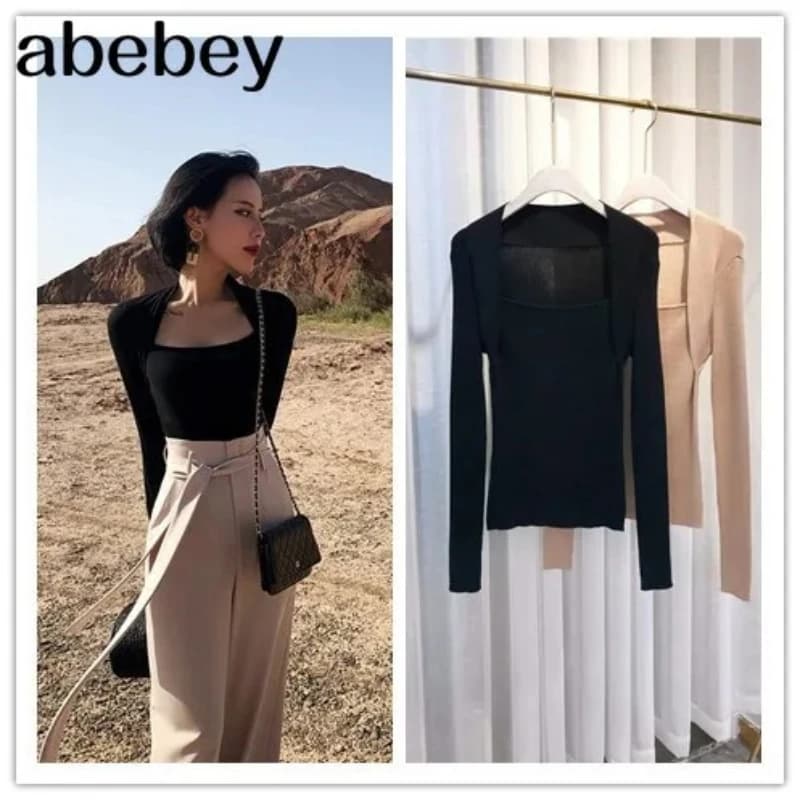 Women's Black Ribbed Knit Long Sleeve Square Neck Form Fitting Casual Slim Fit Basic Thermal Underwear Sweater Top Pullovers
