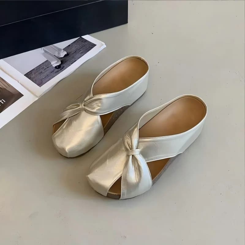 Metallic Wedge Sandals Women Cutout Bow Slippers Platform Thick Sole Closed Toe Mules Summer Outdoor Casual Beach Slides Shoes