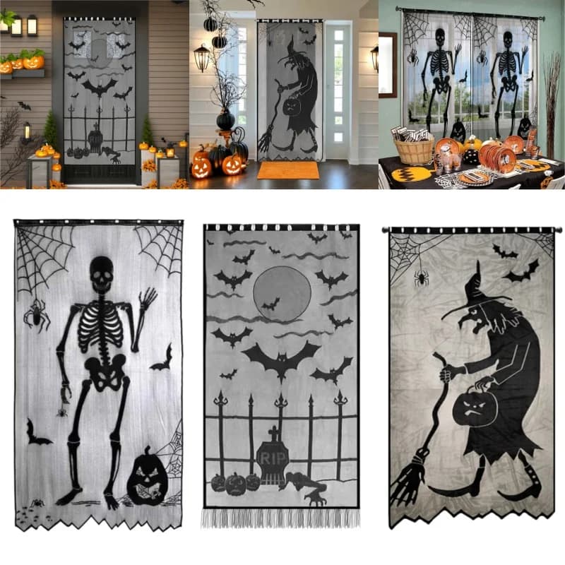 Tende di Halloween Ragnatela Pipistrelli Tenda per finestra di Halloween Decorazione per pannello di tende per porte in pizzo nero per decorazioni per finestre di Halloween