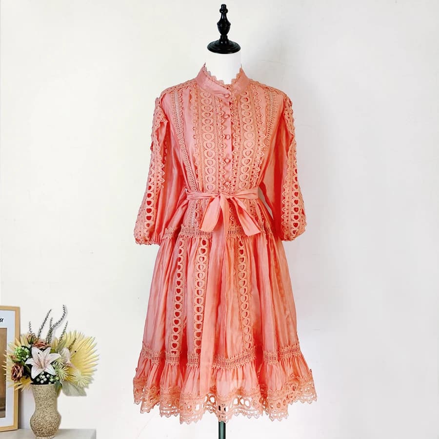 Luxury Embroidery Hollow Out Dresses Women 2025 Summer Holiday Loose Belt Pleated Evening Party Vestidos Elegant Runway Robe