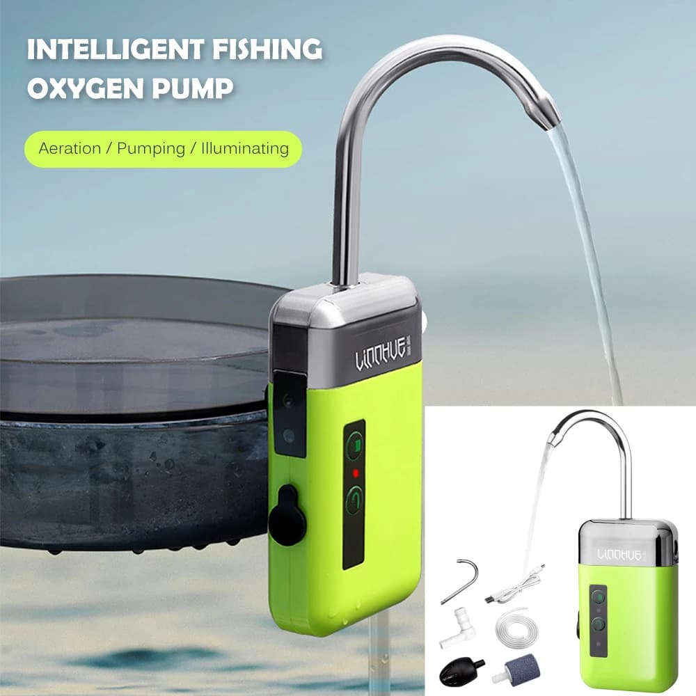 Mini pompa di ossigeno portatile con tubo in pietra d'aria Sensore 3 in 1 Ricarica USB Pompa acqua automatica Illuminazione a LED per la pesca all'aperto
