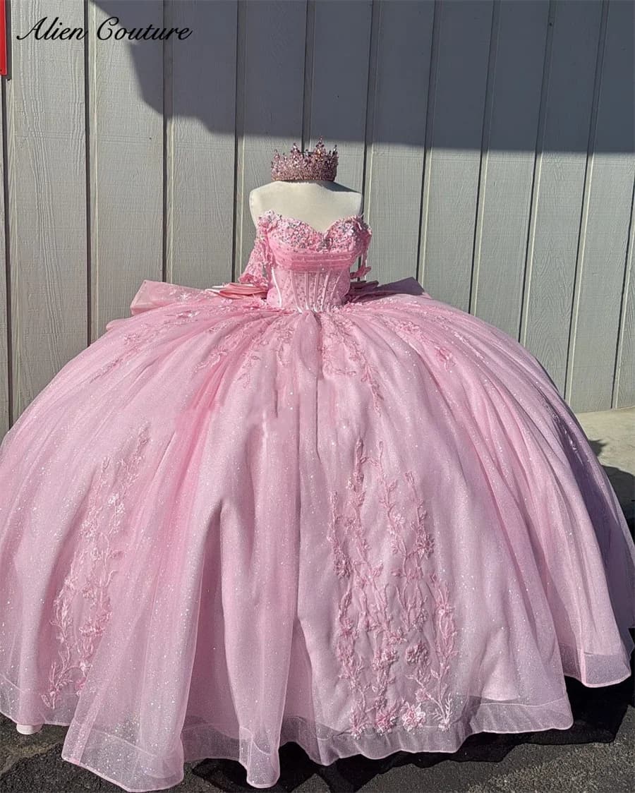 Rosa Principessa Dolce 16 Abiti Quinceanera Festa di Compleanno Appliques Corsetto Abito di Sfera Vestido De 15 Anos Personalizzato