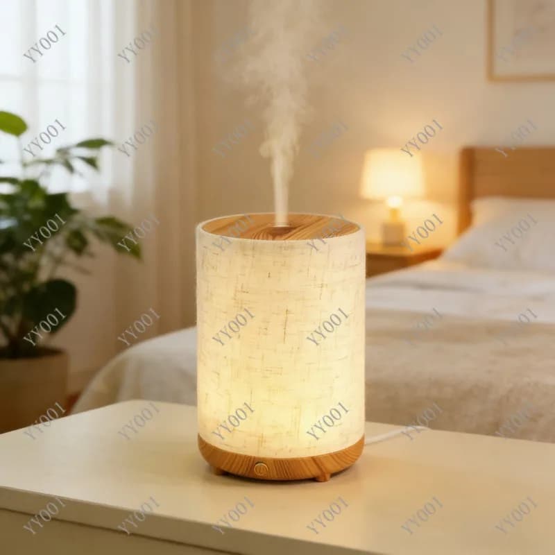 Diffusore di Aromi USB in Tessuto con Effetto Legno, Umidificatore a Ultrasuoni con Luce Calda per la Casa