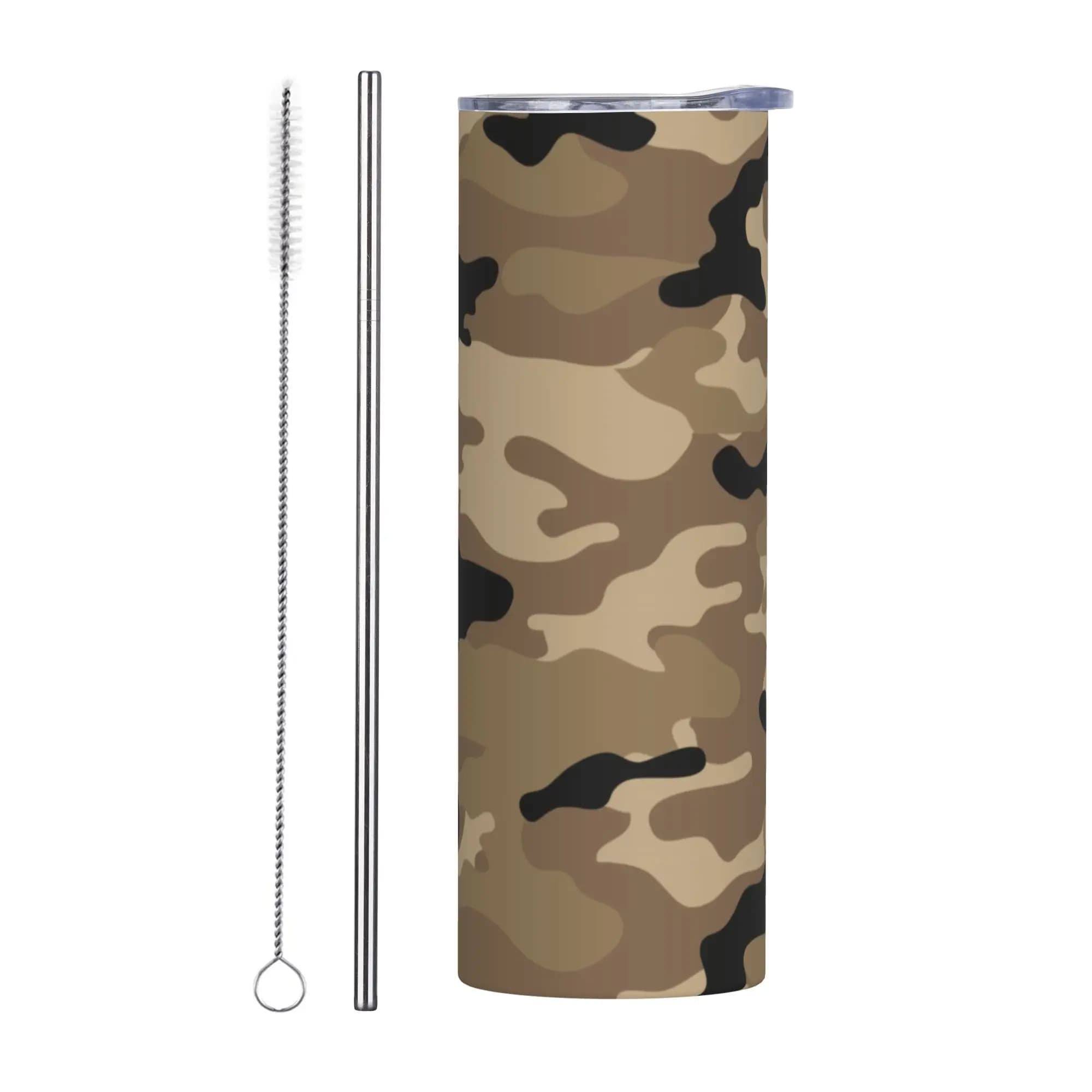 Tumbler Isolato con Motivo Mimetico Woodland Marrone, Tazza a Doppia Parete con Coperchio e Cannuccia, Bottiglia per Auto in Acciaio Inox da 20oz