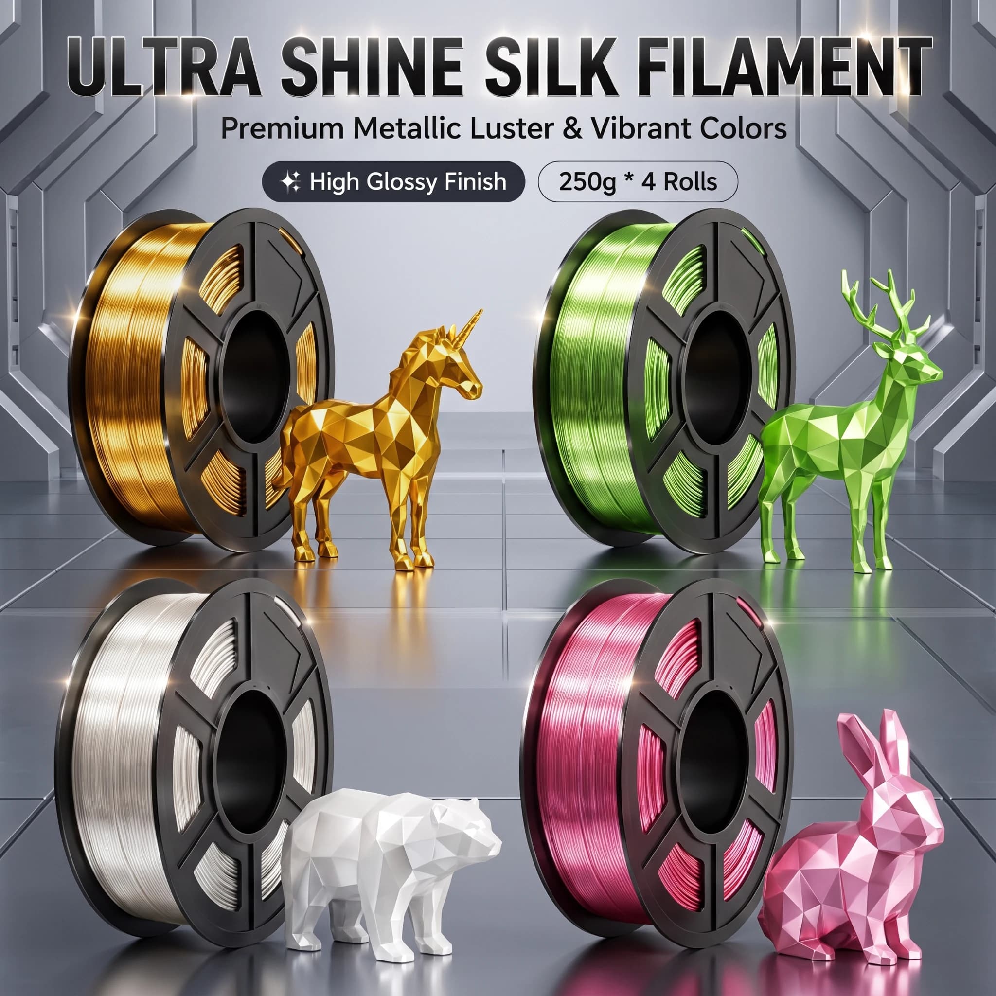 4‑Color Pack Silk PLA 1.75mm 3D Printer Filament High Gloss Silky Material For FDM Printers Dark Gold Pink Apple Green White