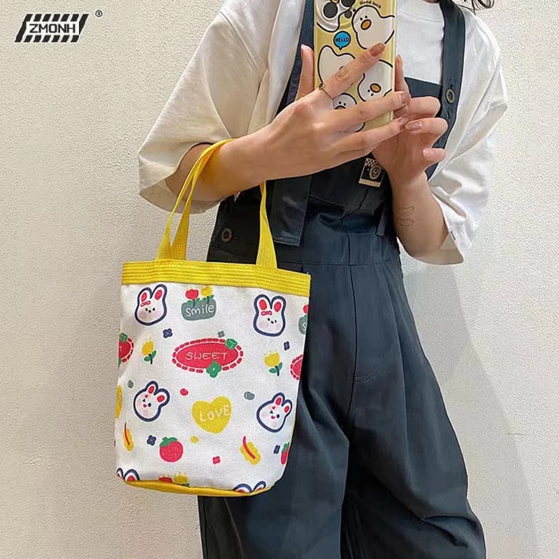 [H]Portable Cute Animal Pattern Graffiti Bucket Bag Ins Printed Cylindrical Bag Canvas Bento Bag Handheld Lunch Box Bag