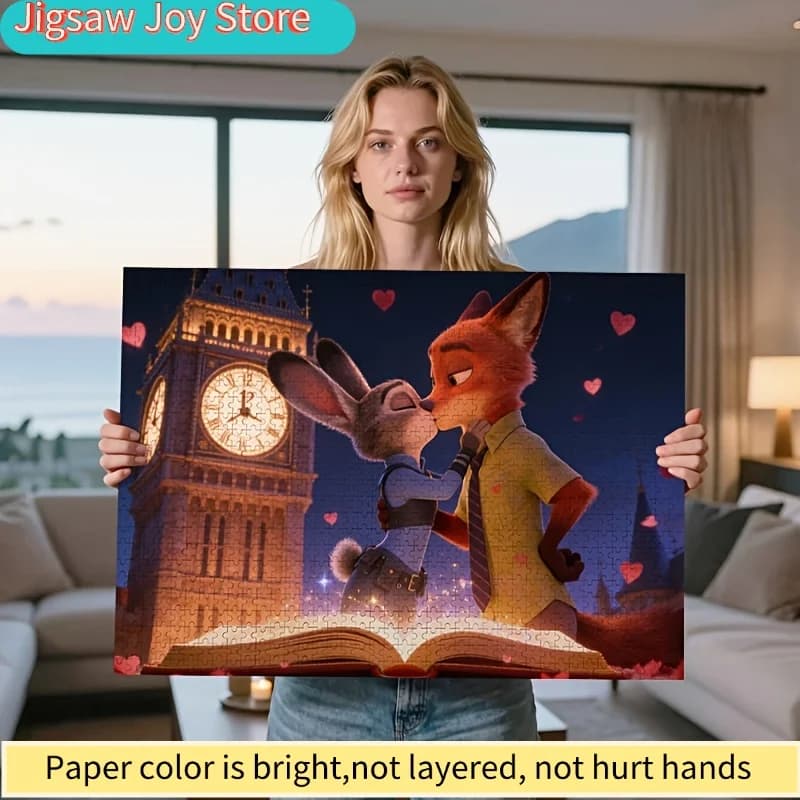 Puzzle 2D Piatto, Zootopia Judy & Nick Bacio - 1000 Pezzi Torre dell'Orologio Libro Magico, Regalo Romantico per San Valentino, Puzzle di Coppia Zootopia
