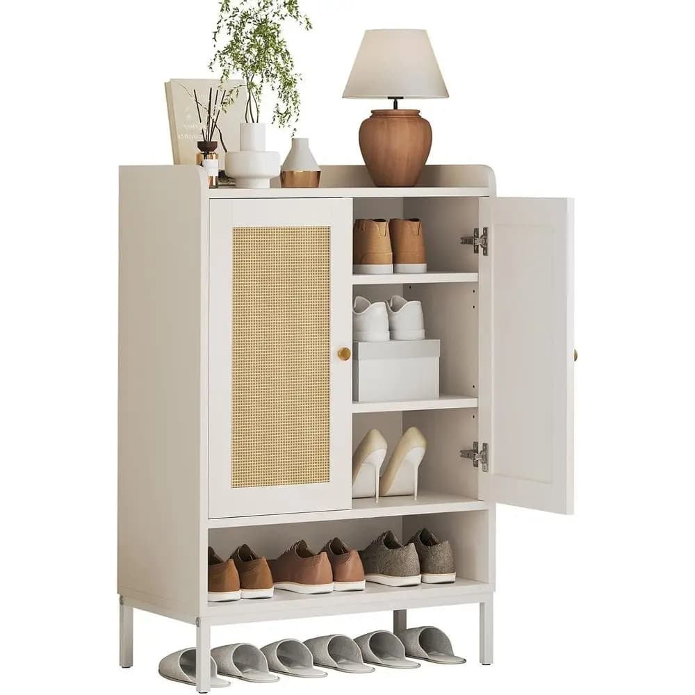 5-Tier Rattan Shoe Rack Organizer for 20 Pairs, Adjustable Shelves, Soft-Close Hinges, Ideal for Entryway or Hallway in White