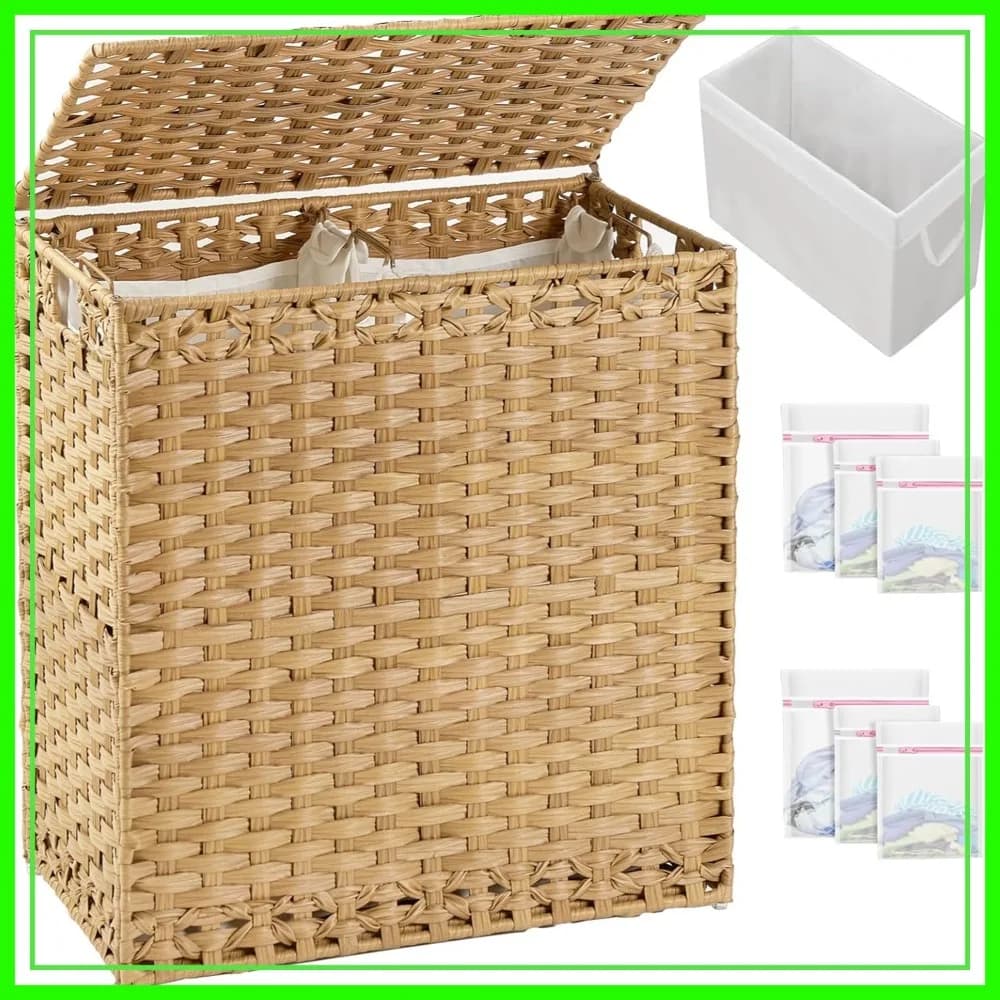 Cesto Portabiancheria in Vimini da 112L con Coperchio, Cesto per Vestiti in Rattan Intrecciato a Mano, 3 Fodere Rimovibili e 6 Sacchetti in Rete