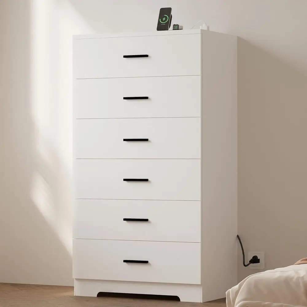 48 Tall Bedroom Chest with Power Outlets, Wood, 6 Drawers, Large Storage, Metal Handles
