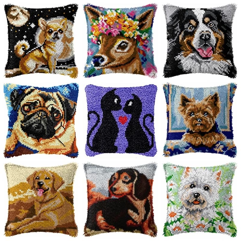 Animal Latch Hook Pillow Kit Cat Dog Smyrna Buttons Package Embroidery Set Handmade Decor Handcrafts Plastic Mesh