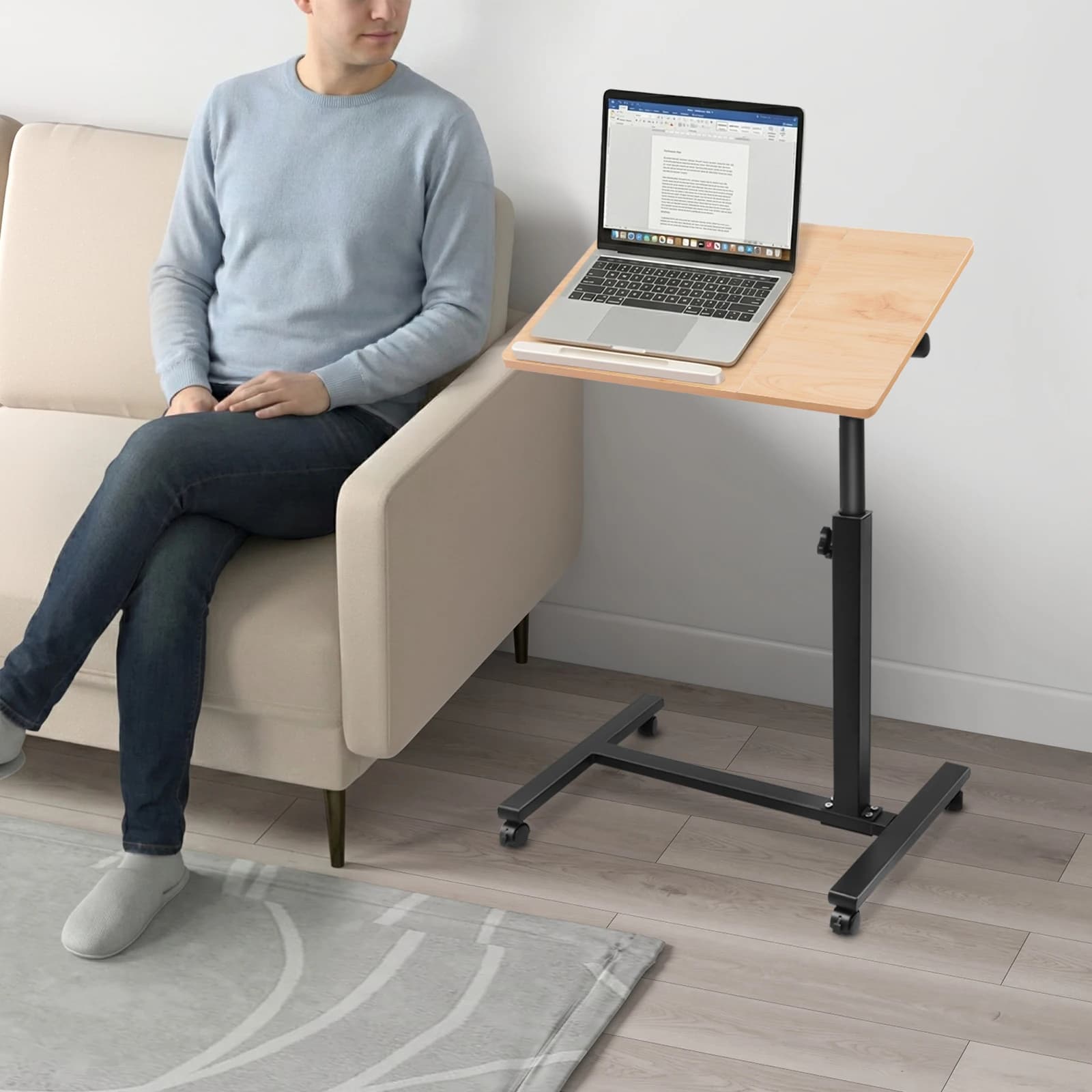 Scrivania per laptop in piedi con rotelle, altezza regolabile, comodino, scrivania per laptop, postazione di lavoro per computer mobile per ufficio domestico
