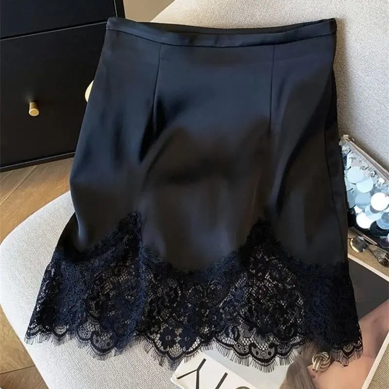 Nuova gonna estiva in raso moda donna patchwork in pizzo a vita alta estate elegante gonne da festa a trapezio abbigliamento da donna da ufficio Jupe