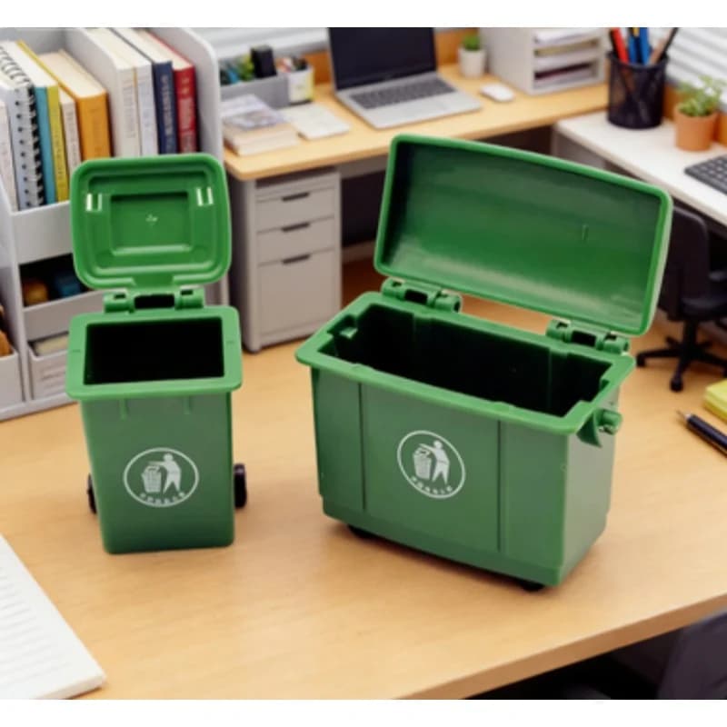 Set di mini bidoni della spazzatura per casa delle bambole, mini bidoni per la pulizia, scenografia esterna con modello di mini veicolo per il trasporto di merci.