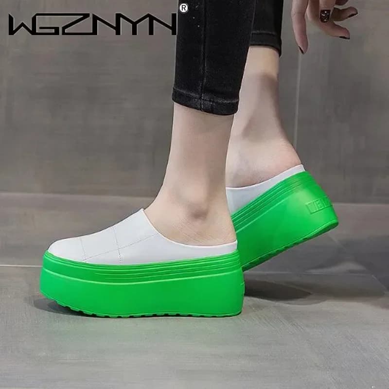 NEW Women Brand Shoes Mules Genuine Leather Gereen White Black Platform Shoes Sandals Slippers Slides Women Summer Slippers Shoe