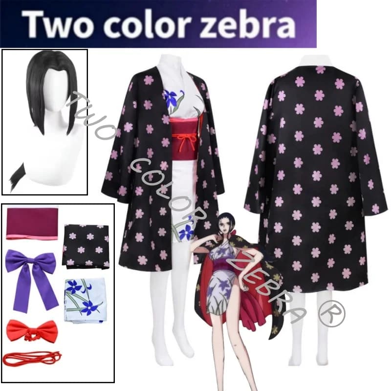 Costume Cosplay Personaggio Anime Nico Robin Kimono Giapponese Nero Floreale Haori Yukata con Stampa Iris Bianca Set Completo con Parrucca per Feste e Giochi di Ruolo