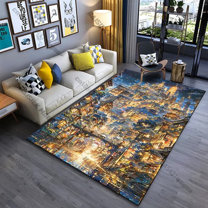 Incantevole tappeto illuminato con paesaggio urbano fantasy, tappeto da yoga, decorazione per soggiorno, tappetino per bambini, tappetino per gattonare, tappeto per zerbino