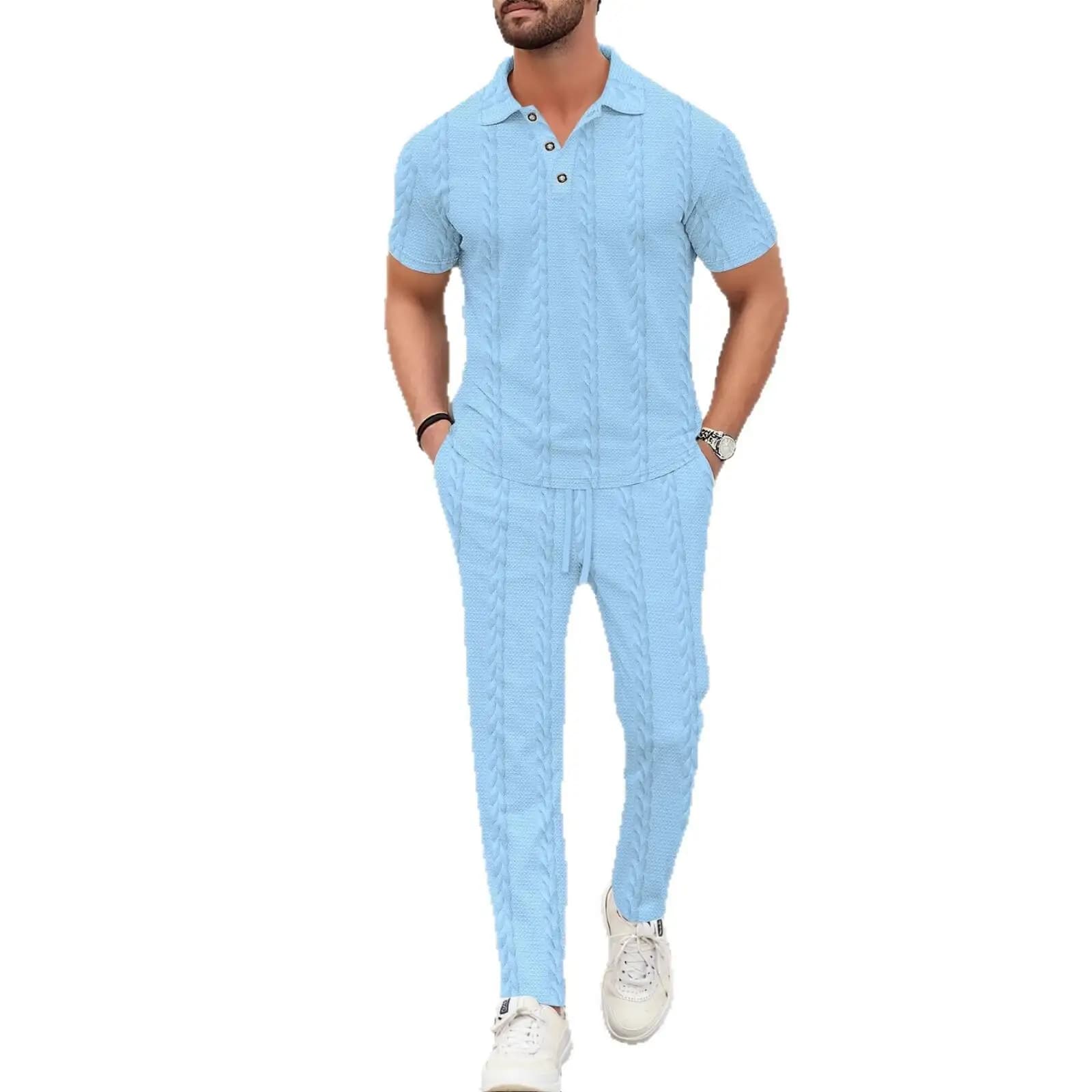 Men's Pure Color Shirt Short Sleeve Turn-down Collar Flower Pattern Casual Set T-shirt Autumn Long Pants Ensemble