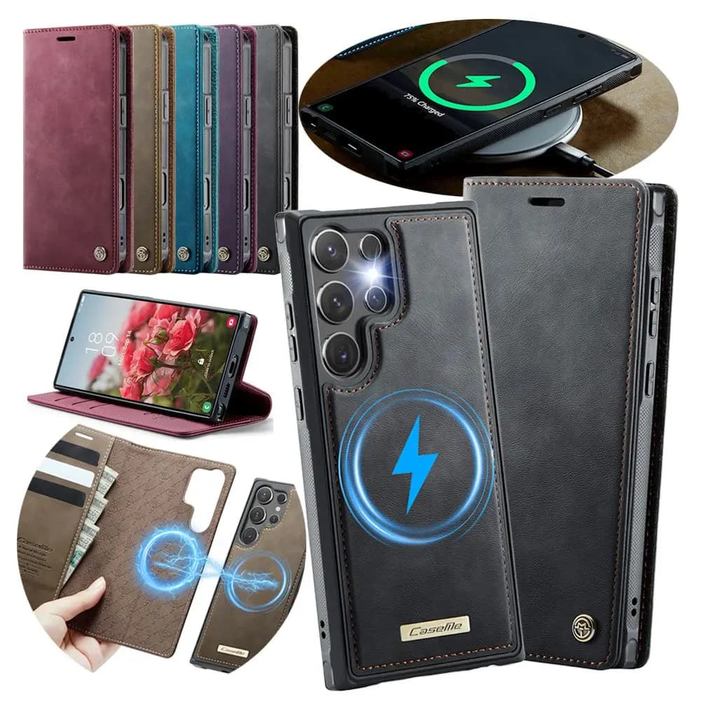 Custodia a Portafoglio Magnetica 2 in 1 per Samsung Galaxy S26 Ultra S25 Edge Plus S24 S23 FE S22 con Ricarica Wireless