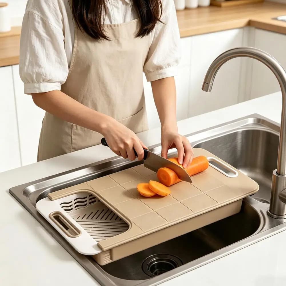 Tagliere Retrattile con Scolapasta Integrato, in Plastica, Estensibile, con Manico e Vassoio di Drenaggio per Cucina
