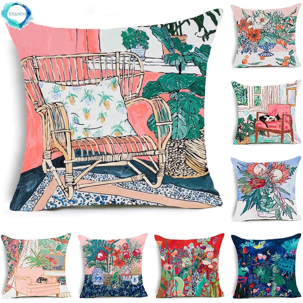 Polyester Modern Pillow Lining with Flowers, Sofa, Chair, Oil Painting, Decorative Pillow Cover, Home Decorative pillowcase 45X45 cm