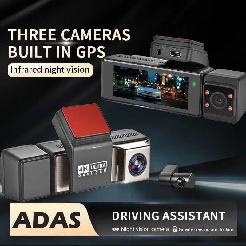 DT-NAVI New A3 4K Cam 3 Channel Dash Cam DVR Front 4K+Rear 1080P+Interior 1080P GPS WiFi 24H Parking Monitor
