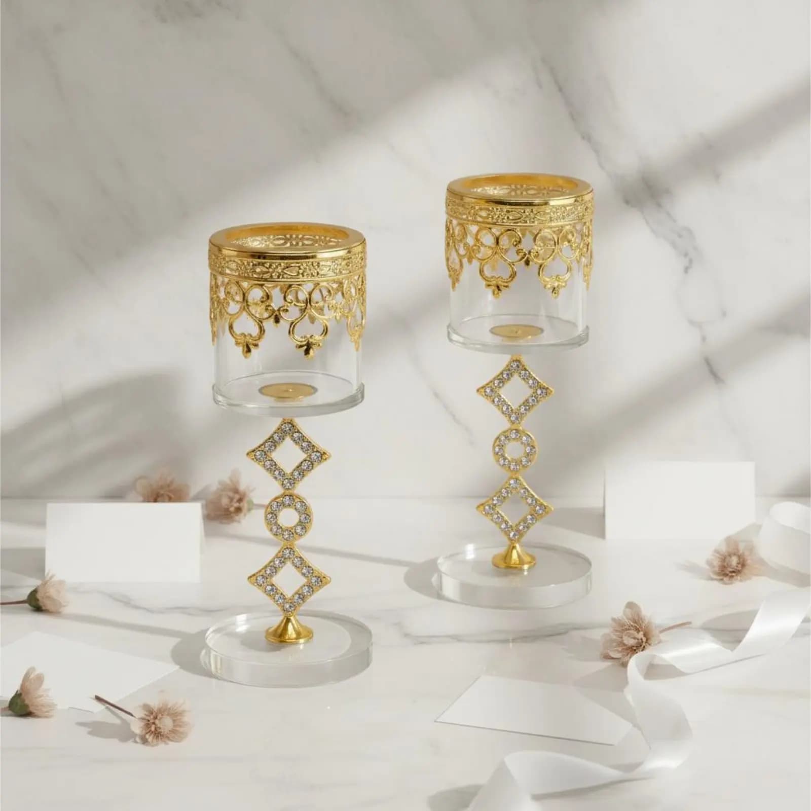 Set di 2 Portacandele in Metallo e Cristallo con Design Traforato, Centrotavola Decorativo per Matrimoni e Feste