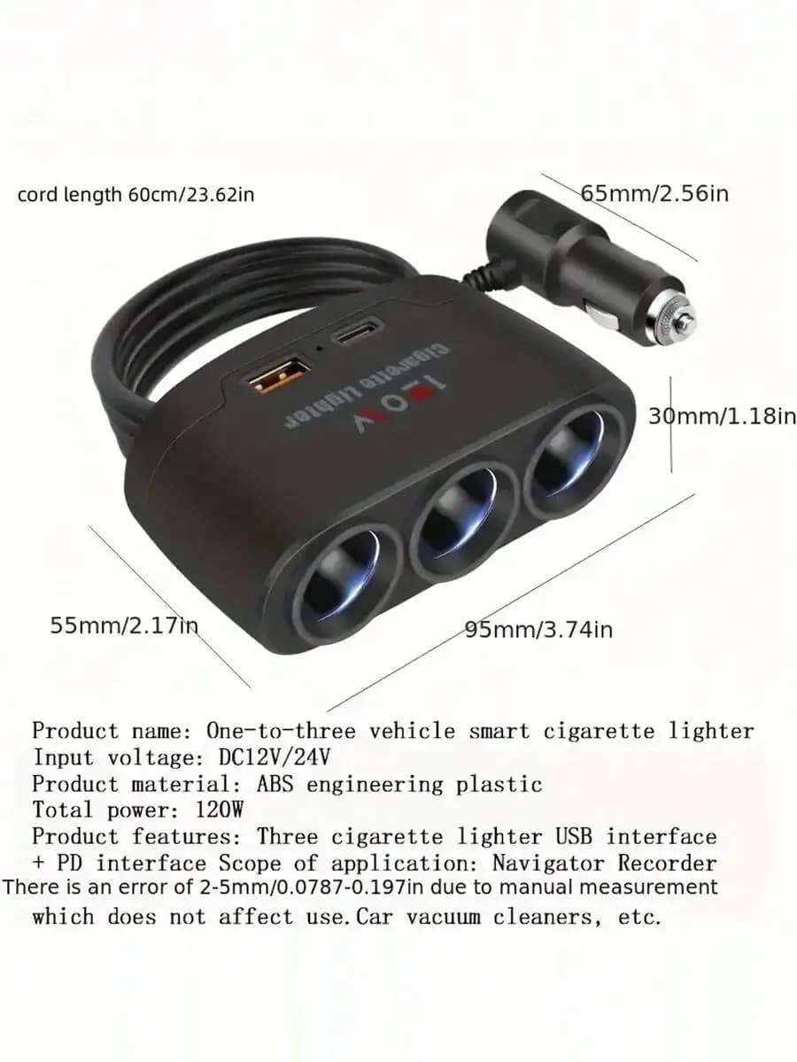 Adattatore di alimentazione per auto 3 in 1 con tripla presa accendisigari USB PD 120W per aspirapolvere Navigator