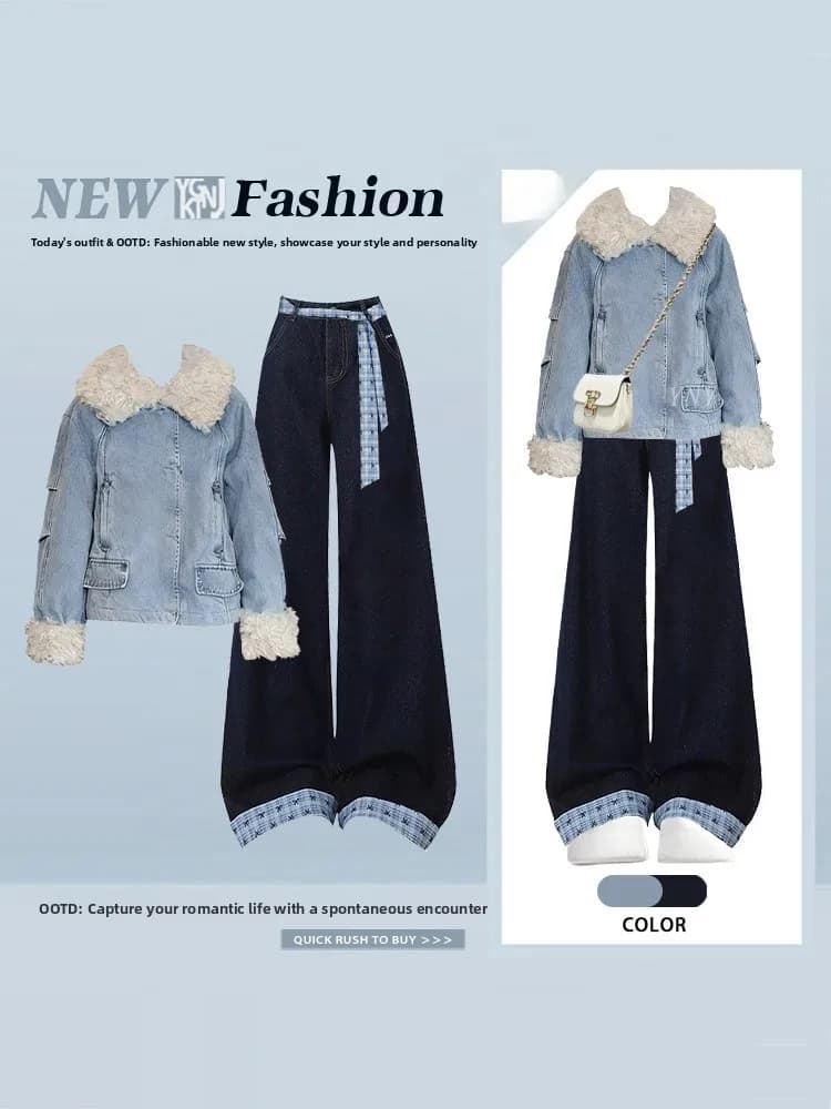 Cappotto in denim invernale da donna, imbottito, con colletto, caldo, stile casual, a maniche lunghe, set due pezzi, completo in jeans di alta gamma, taglie forti