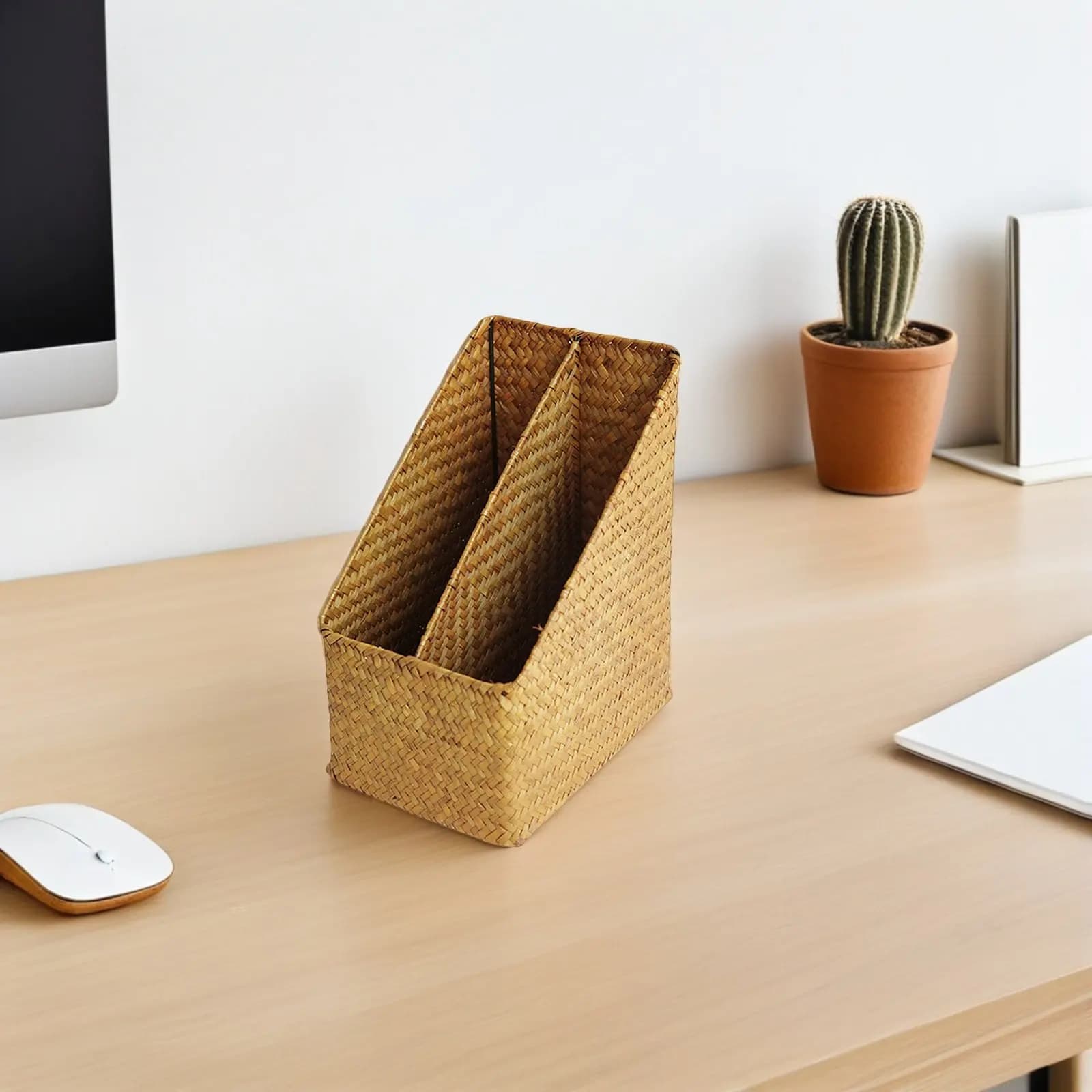 Organizer for Documents in Paglia Intrecciata a Mano, Porta File, Scaffale da Desk, Porta Libri, Contenitore per Ufficio, Studio, Biblioteca, Aula
