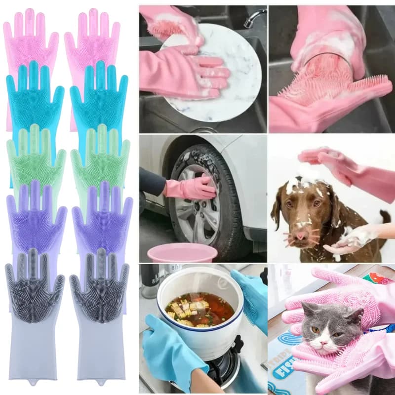 Guanti in Silicone Multifunzionali per Cucina, Lavaggio Piatti, Doccia per Cani e Gatti, Pulizia, Massaggio e Scrub