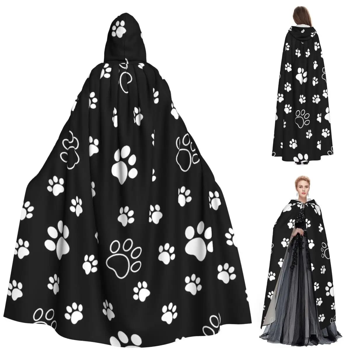 Dog Paw Long Hooded Cloak Witch Medieval Costume Cosplay Cape HalloweenVampire Adult Unisex
